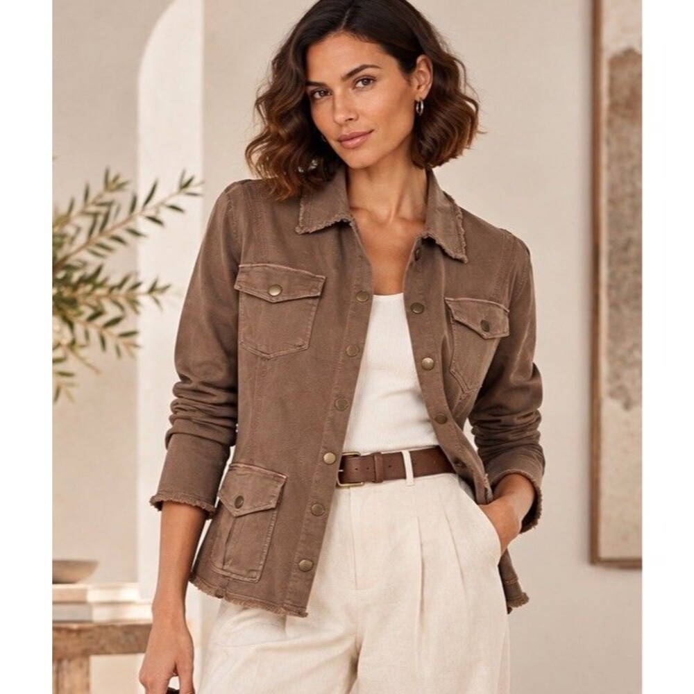 XCVI WEARABLES STRETCH POPLIN FITTED CARGO JACKET Sz M Utilatrian  EUC